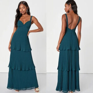 Lulus Luxe Perfection Emerald Green Pleated Tiered Backless Maxi Dress Party